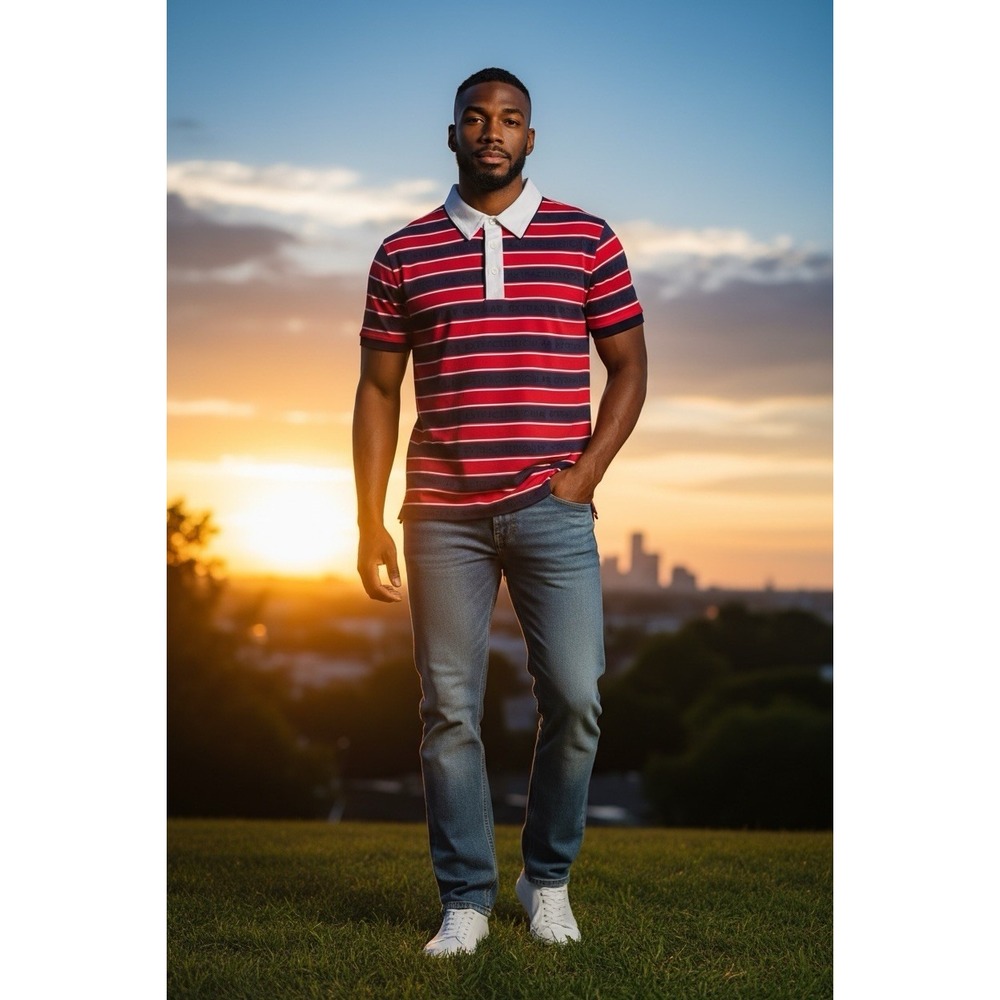 Extracurricular Men's Golf Polo Performance Stretch Stripe Polo 2XL  Red-Blue
